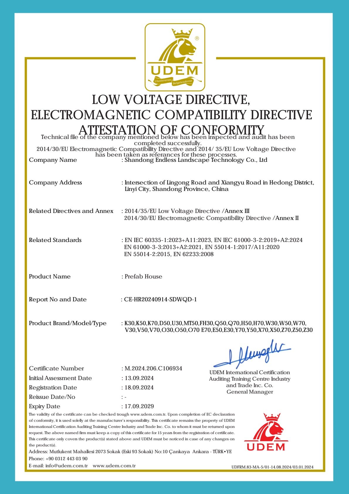 LVD and EMC attestation of conformity for prefab house products