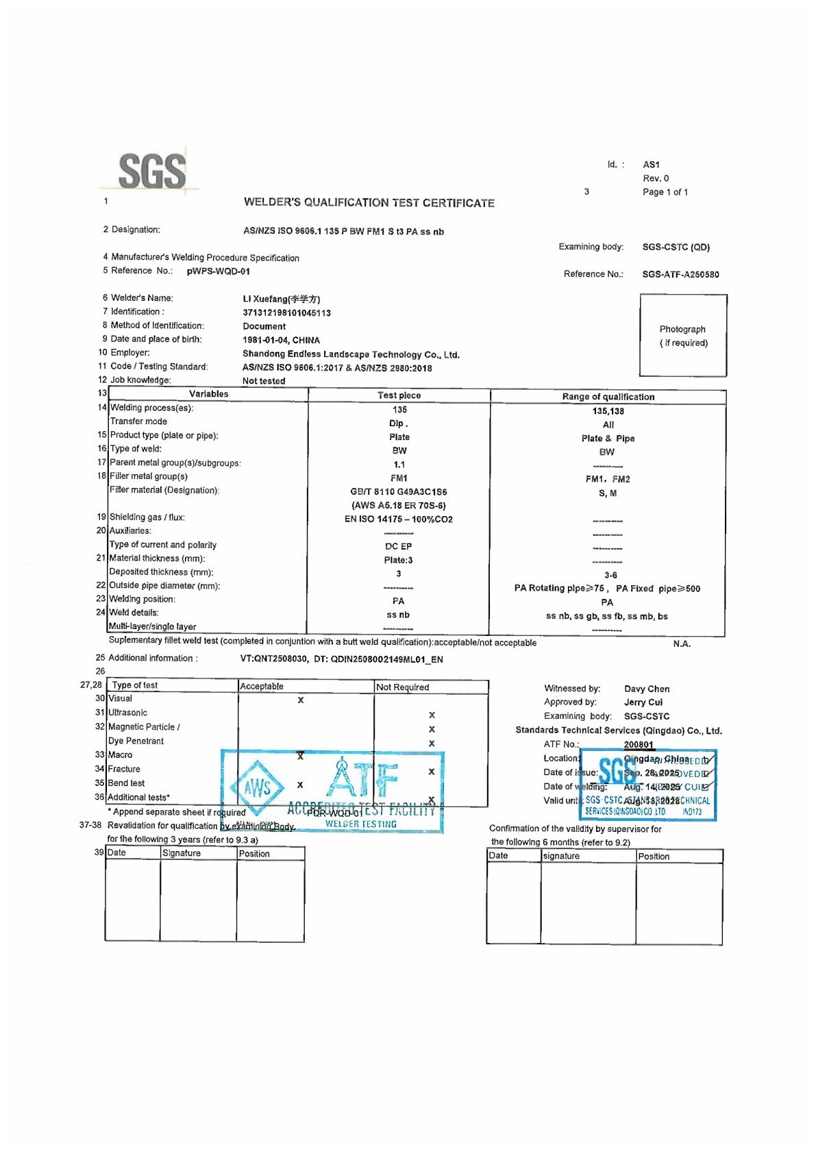 SGS welder qualification test certificate